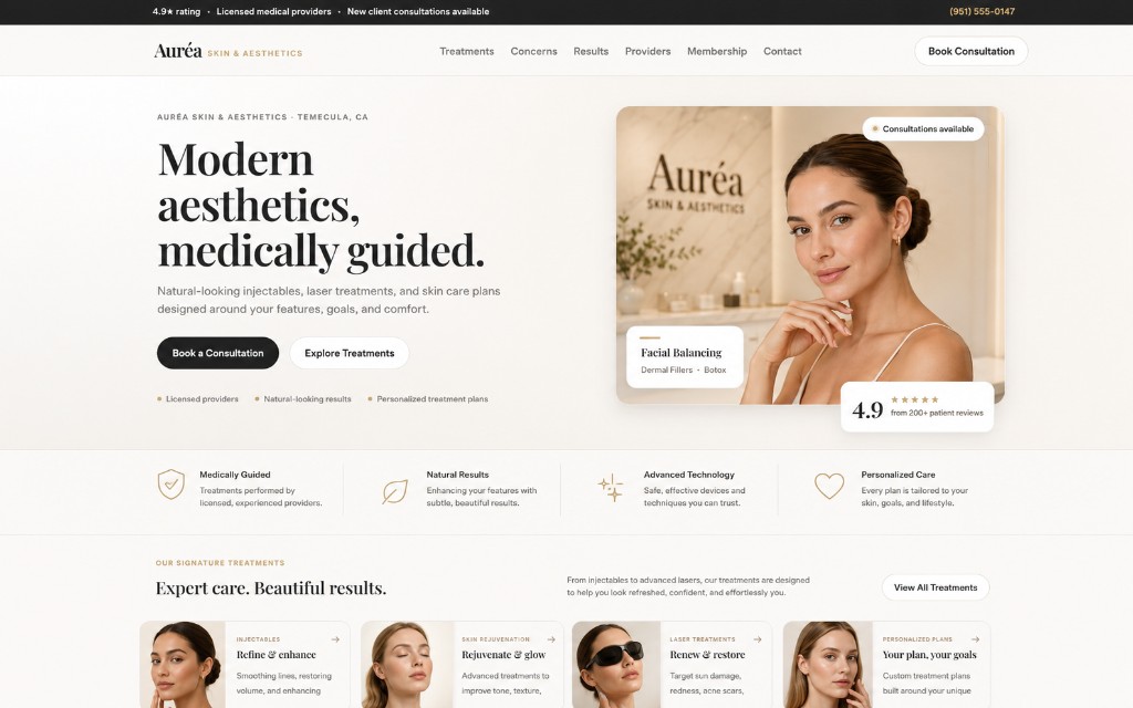Auréa Skin & Aesthetics med spa website homepage preview