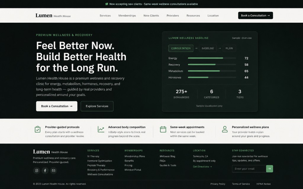 Lumen Health House premium wellness clinic website homepage preview