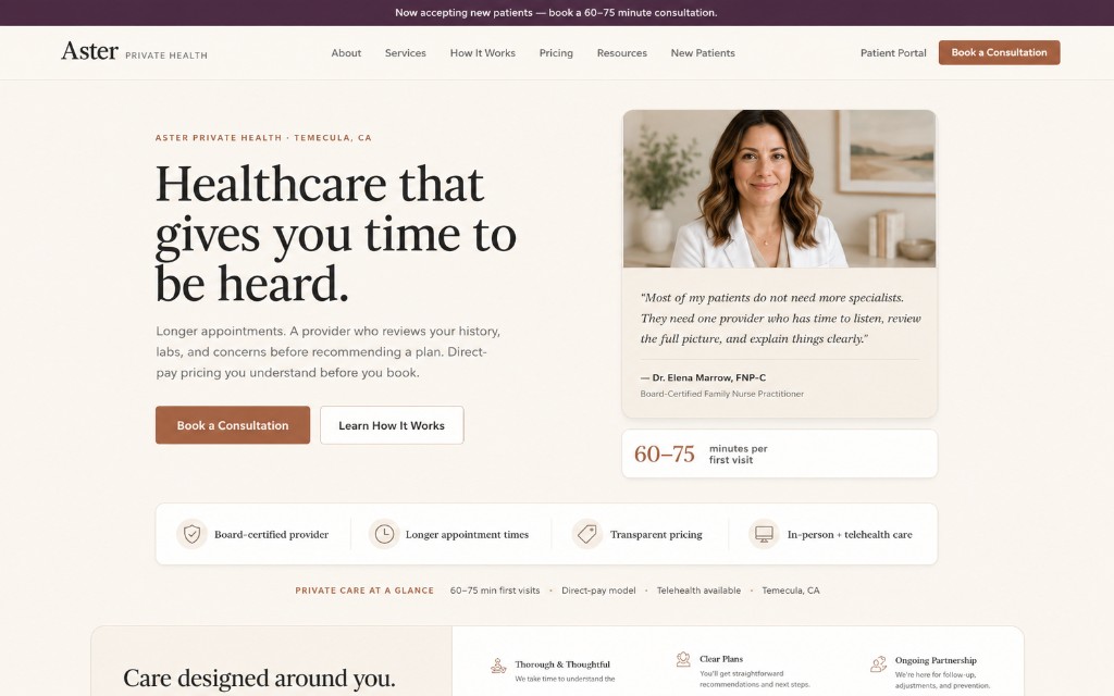 Aster Private Health solo practice website homepage preview